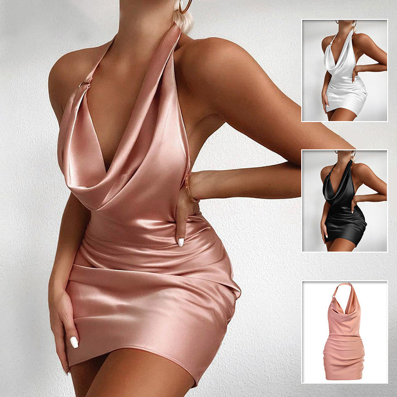 Satin-Partykleid mit V-Ausschnitt, rückenfrei, ärmelloses Mini-Sommer-Partykleid